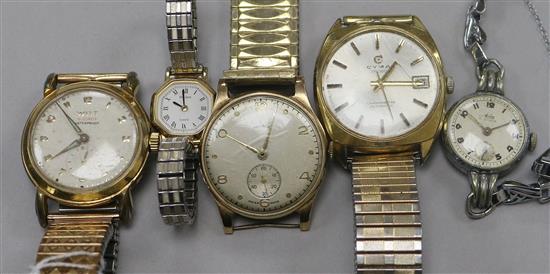 Three gentlemans wrist watches including Witt & Cyma & two ladys wrist watches.